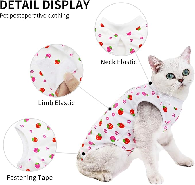 Cat Professional Surgical Recovery Suit,E-Collar Alternative for Cats Dogs,After Surgery Wear, Pajama Suit,Home Indoor Pets Clothing Strawberry S