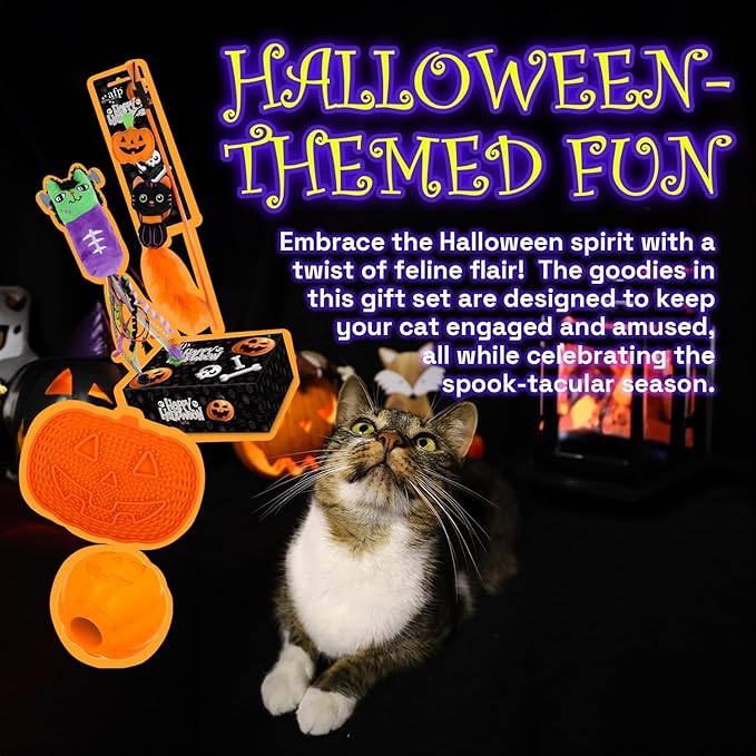 All for Paws Halloween Cat Gift Set – 4 Pack Cat Toys for Indoor Cats, Treat Dispenser, Lick Mat, Kicker & Wand