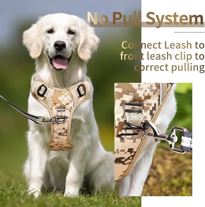 HEELE Dog Harness, No Pull Adjustable Padded Reflective Harness for Small Medium Large Dogs with Handle for Walking Training, Camo Tan, XL