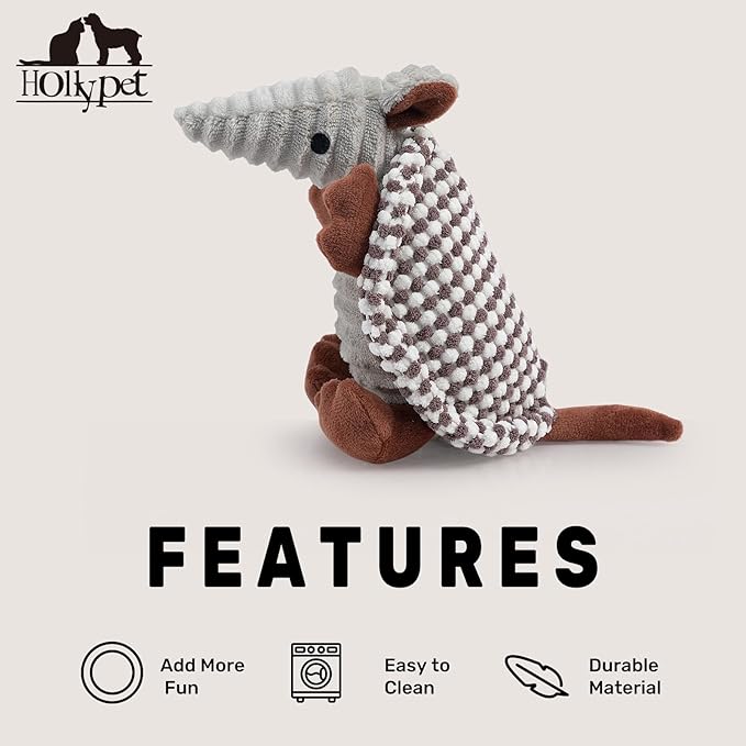 Hollypet Plush Dog Squeaky Toy Stuffed Armadillo Animal Pet Puppy Chew Toys with Clean Teeth for Small Medium Large All Breed Sizes Dogs, White and Light Grey,8 in