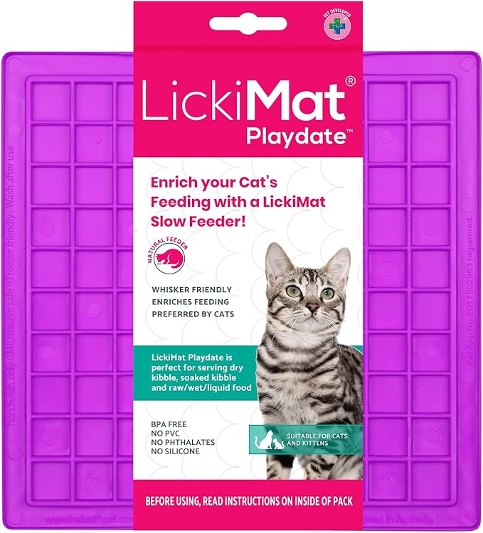 LickiMat Classic Playdate, Cat Slow Feeder Lick Mat, Boredom Anxiety Reducer; Perfect for Food, Treats, Yogurt, or Peanut Butter. Fun Alternative to a Slow Feed Cat Bowl or Dish, Purple