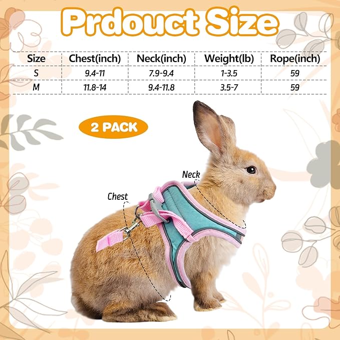 PINVNBY 2 Pack Bunny Hsrness and Leash Set Adjustable Rabbit Harness with Reflective Strips Double Buckle Pet Vest Eescape Proof for Small Rabbit Kitten Puppy Walks Accessories (Pink Green, M)