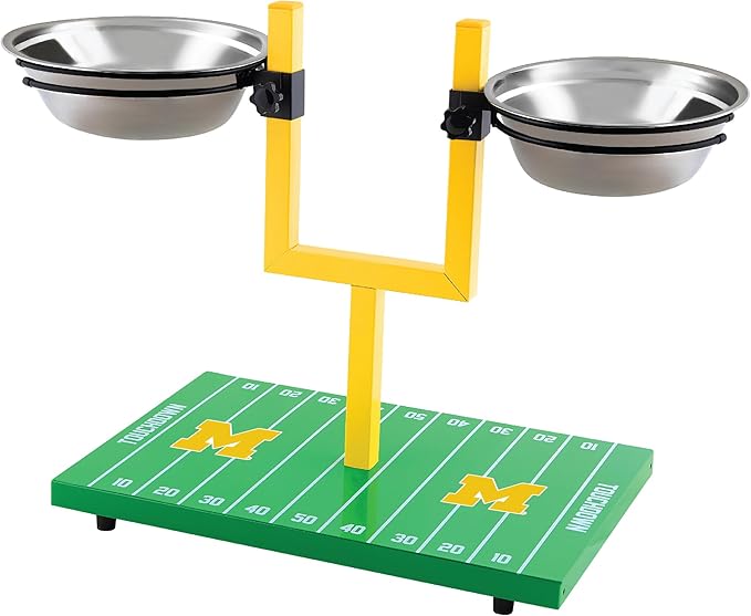 NCAA Michigan Wolverines Goalpost Football Field Dog Feeder – Adjustable Elevated Dog Bowls with Stand, 2 Stainless Steel Bowls, Non-Slip Rubber Feet, Raised Pet Feeder for Large & Small Dogs