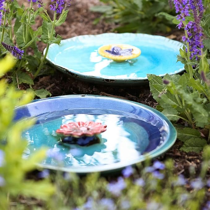 DUSVALLY Vintage Round Bird Bath Ceramic Birdbath Bowl Decor for Bird Bee Bath for Outdoor Patio Garden Backyard Yard,12.25 inch Blue with Red Flower