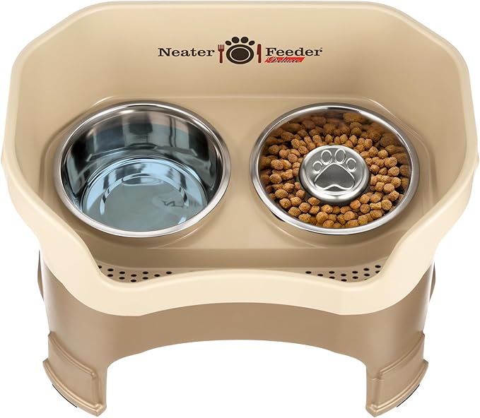 Neater Feeder Deluxe Mess Proof Dog Bowls Elevated for Large Breeds – Made in USA – No Spill Raised Slow Feeder Elevated Dog Bowl Stand w/Leg Extensions, Food and Water Bowl Set, Cappuccino