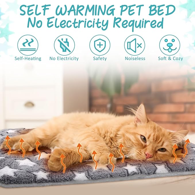 VitalCozy 2 Pack Self Warming Cat Mat Self Heating Pad Bed Reversible Machine Washable Reflects Body Heat Warm Thermal Pet Pad Crate Blanket for Feral and Indoor Cat(Star,21" X 14")