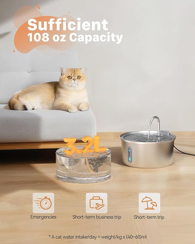 Cat Water Fountain Stainless Steel: Cat Fountain for Drinking - Automatic Pet Water Fountain for Cats Inside - 3.2L Dog Water Dispenser Cat Drinking Supplies Metal Kitty Spout Animal Waterer Bowl