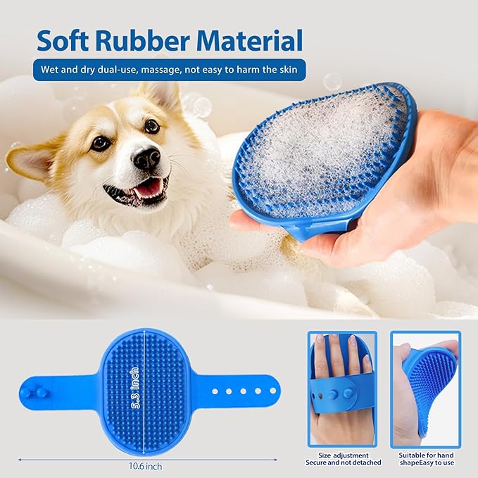 4Piece Dog Grooming Brush Set with Grooming Gloves, Deshedding Comb & Massage Bath Brush - Multifunctional Pet Hair Removal Tools for Shedding, Bathing, Brushing (Blue)