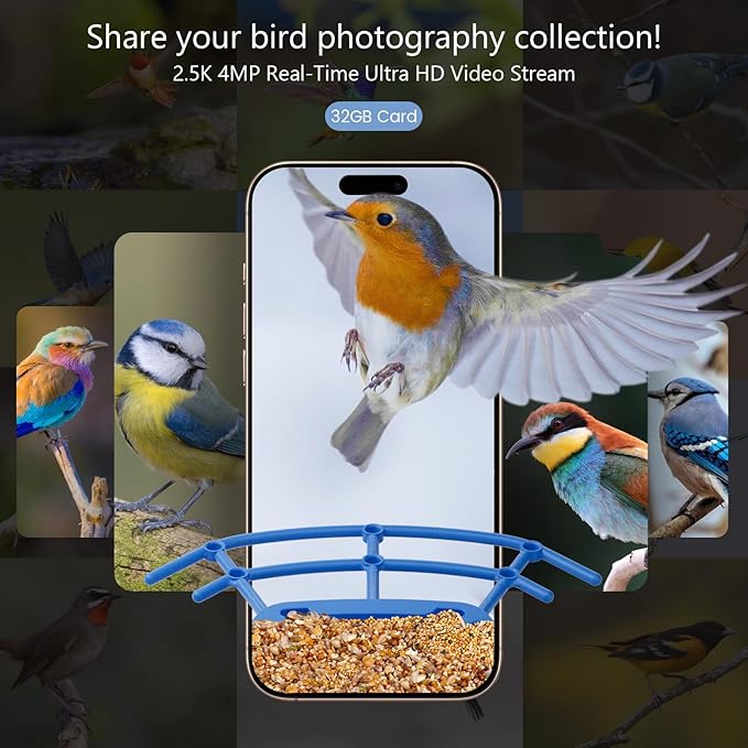 Smart Bird Feeder with Camera for Outdoors Solar Powered, 2.5K HD Video, AI Bird Species Identification, Instant Arrival Alerts, Wireless 2.4Ghz WiFi & Include 32GB SD Card, Ideal Gift (Blue)