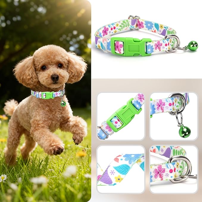 Puppy Collar with Bell，Nylon - Adjustable XXS/XS/S Tiny Dog & Cat Collar for Small Breeds,Soft Pink Collar with Quick-Release Buckle（Spring XS）