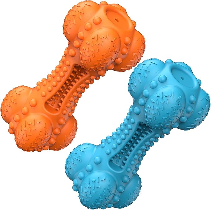 SCHITEC Two Squeaky Dog Chew Toy for Aggressive Chewers Large Breed, Tough Indestructible Rubber Bone with Toothbrush for Big Medium Dogs Teeth Cleaning, Blue and Orange