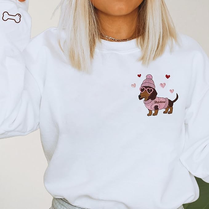 NAZENTI Embroidered Dachshund Sweatshirt with Dog Name on Sleeve, Personalized Valentines Dog Mom Shirt, Wiener Dog Gifts
