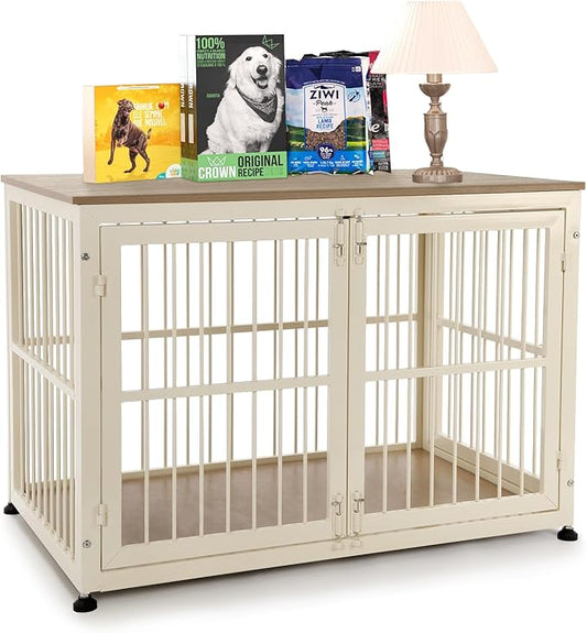 40 Inch Dog Crate Furniture for Large Medium Dogs, Wooden Heavy Duty Dog Kennel with Double Doors, Decorative Pet House Dog Cage Side End Table Indoor, Pet Cage Dog House, Beige