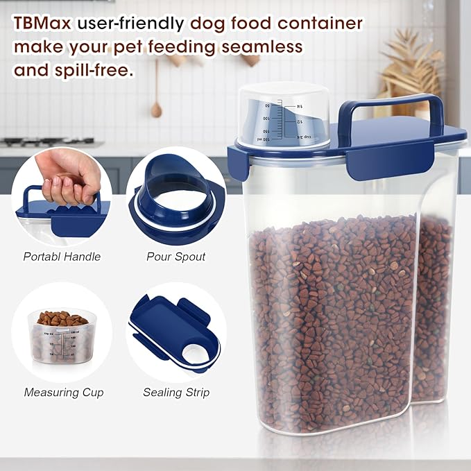 TBMax Large Cat Food Storage Container, Portable Dog Food Container with Upgraded Large Spout and Cup, Travel Pet Food Storage Dispenser for Kibble Storage, Bird Seed Container - Dark Blue