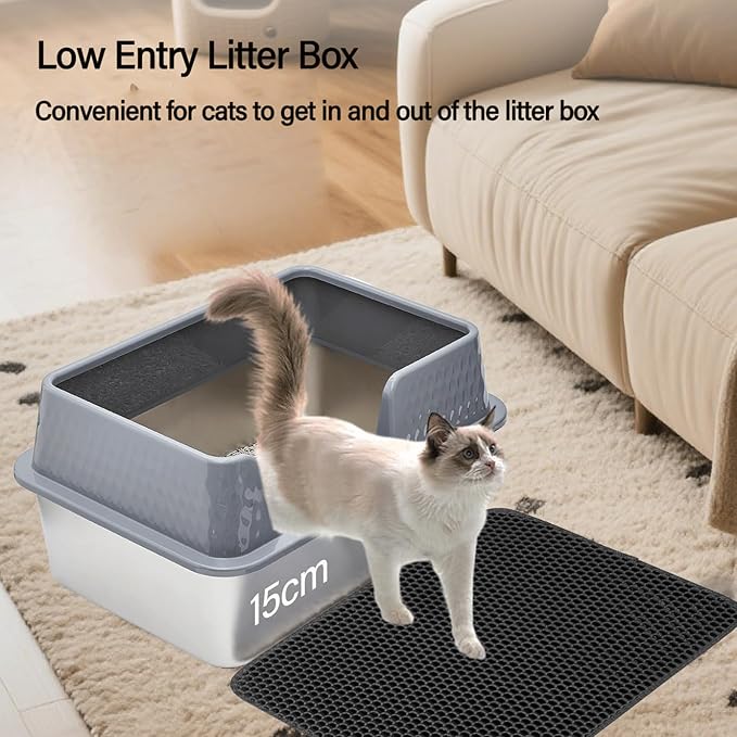 Large Stainless Steel Cat Litter Box with lid Cover Mats Scooper Small High Sided Enclosed Metal Kitty Litter Box for Kittens or Senior Cats with Grey Enclosure