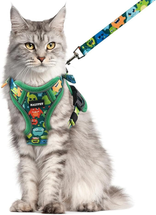 Halypet Cat Harness and Leash Set for Walking, Escape Proof Adjustable Vest Harness with 3-in-1 Integrated Buckles, Easy Control Soft Breathable Mesh with Reflective Strips for Cats, M, Green Monster
