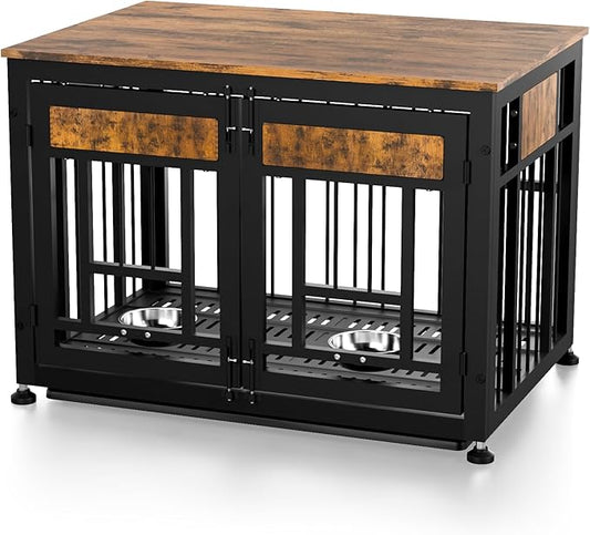 Dog Crate Furniture End Table 38 Inch Hidden Kennel Cabinet with Removable Tray, Thickened Metal Frame Dog Cage, Dual-Purpose Pet House & Nightstand for Living Room