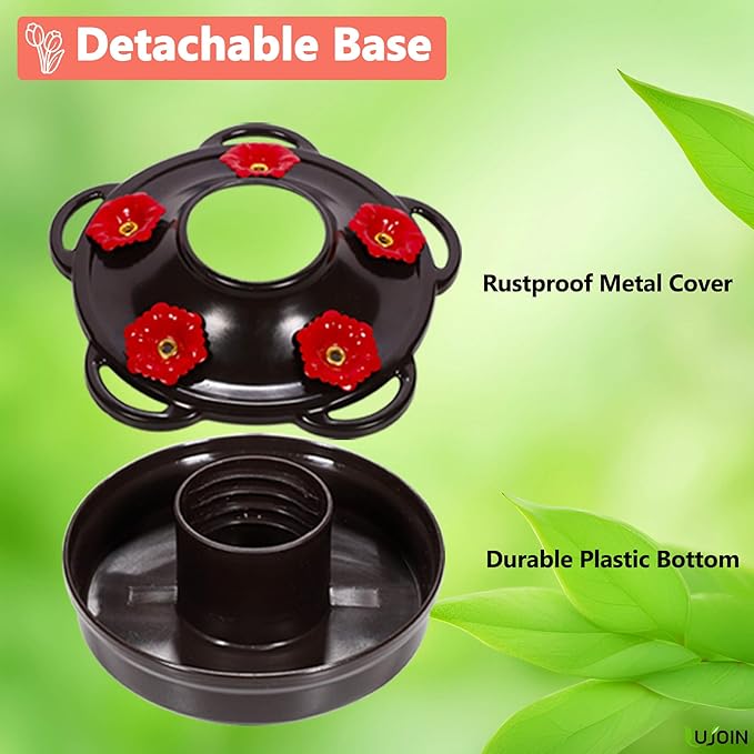 Tulip Shaped Hummingbird Feeder for Outdoors Hanging, Hand Blown Glass, 28 fl.oz, Leak Proof & Rustproof, Includes an Ant Moat, Metal Cover with 5 Feeding Ports, Red