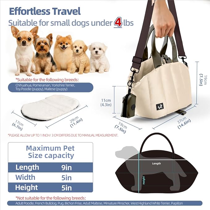 Sytopia Small Dog Carrier Purse, Portable Pet Carrier Tote Carrier with Pockets, Adjustable Safety Leash, Waterproof Dog Travel Bag, Travel Pets Purse up to 4 Lbs, Cream Beige