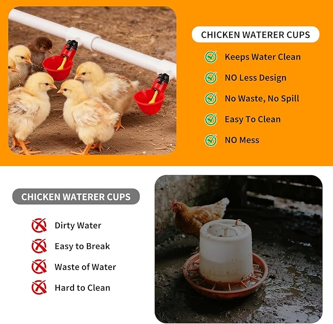 Chicken Waterer Cups, Pack of 6 Chicken Waterer PVC Tee Fittings, with 1/8 Inch FTP Threads, Automatic Chicken Water Cups for Chicken Ducks Quail