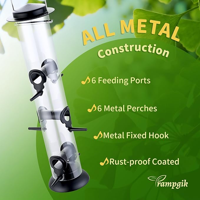 Bird Feeders for Outdoors Hanging,Finch Feeders for Outside,Chew-Proof Hanging Bird Feeder,Rust-Proof Birdfeeder,Squirrel Proof 6 Ports Metal Bird Feeder,14 Inch,1 Pack,Black