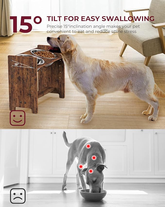 Vantic Elevated Dog Bowls, Adjustable Raised Dog Bowl Stand for Large and XLarge Pet, Sturdy Particle Board Food Feeder with 2 Stainless Steel Dishes, Rustic Brown