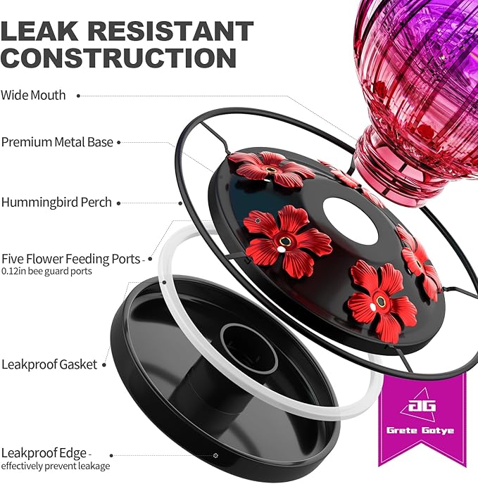 Glass Hummingbird Feeder for Outdoors Hanging, 26Oz Bird Nectar Feeder with Perch & 5 Flower Feeding Ports, Leak Proof for Outside Garden Decor Backyard, Gifts for Women Mom, Purple Red