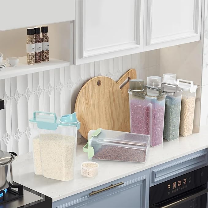 5-7LBS Dog Cat Storage Container Portable with Upgraded Large Spout and Cup, Plastic Pet Food Dispenser for Small Animal Kibble, Bird Seed, Oatmeal, Rice, Flour, Brown Sugart-2 Pack Sky Blue