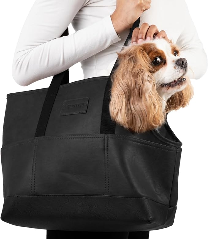 Luxury Dog Purse Carrier - Black Faux Leather Pet Carrier, Secure Harness Clip, Tote Bag for Small Dogs and Puppies