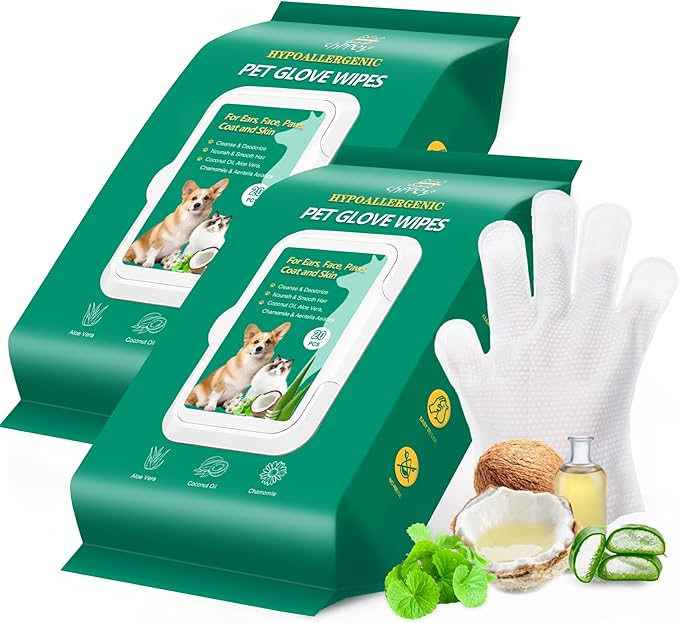 40PCS Pet Cleaning and Deodorizing Grooming Glove Wipes for Dogs and Cats, Extra Thick Nourish Fur No-Rinse Grooming Wipes for Daily Care and Travel, Hypoallergenic