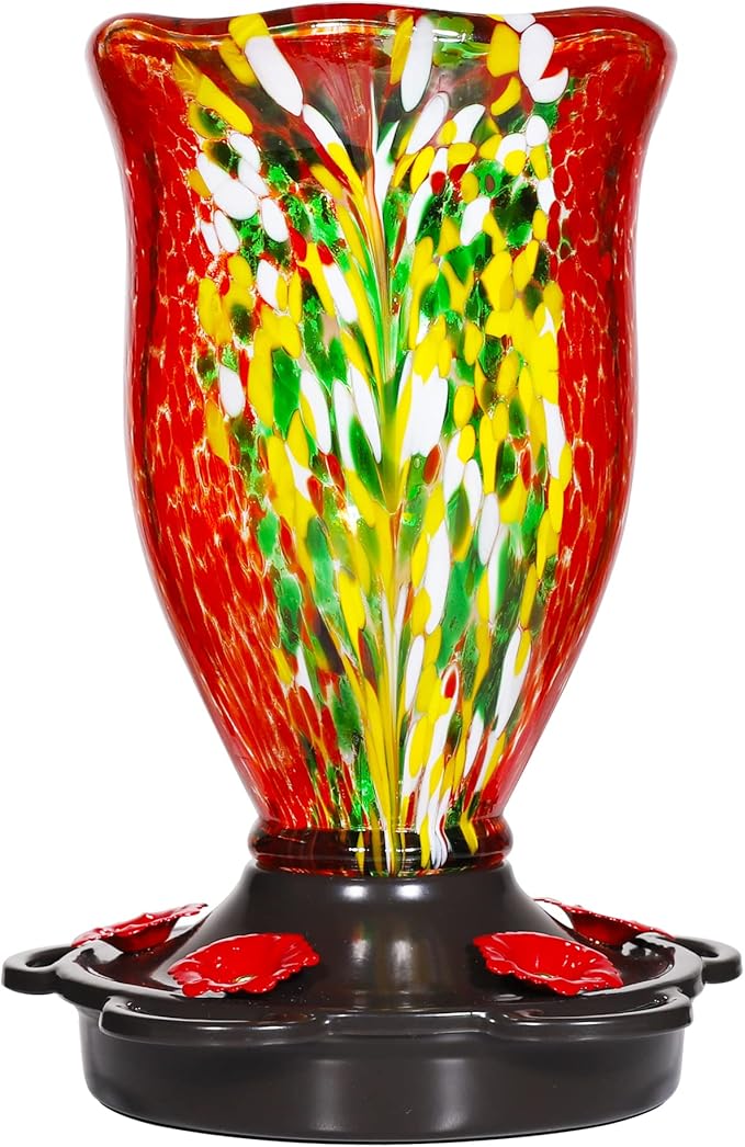 LUJII Hummingbird Feeders for Outdoors, Blown Glass Hummingbird Feeder for Outside Hanging with Ant Moat, Leak Proof & Anti Rust Metal Base, 25 fl.oz Capacity, Gifts for Bird Lovers or Gardeners, Red