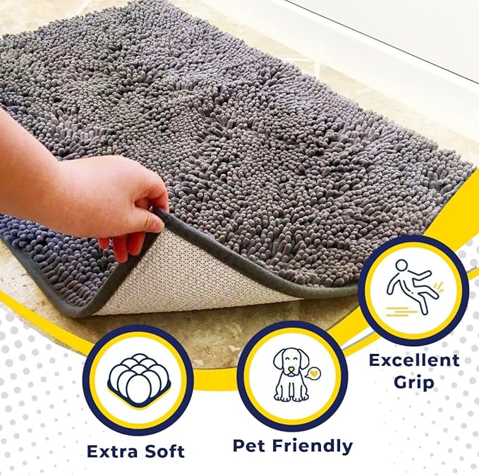 Muddy Mat® Shown on TV – Super Absorbent Microfiber Dog Door Mat for Muddy Paws, Non-Slip Washable Pet Rug, Quick Dry Chenille Entryway Carpet, Machine Washable Indoor Outdoor mat, Grey 28"x18"