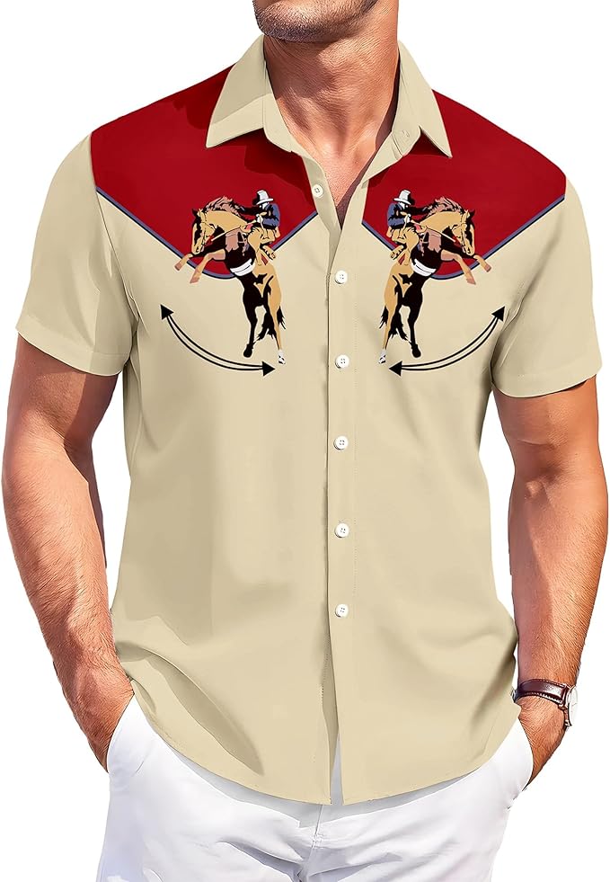 Men’s Hawaiian Shirt Western Cowboy Symmetrical Print Short Sleeve Button Down Casual Beach Holiday Summer Shirt