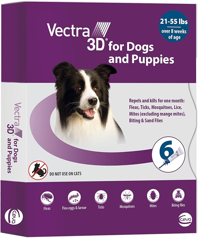 Vectra 3D for Dogs Flea, Tick & Mosquito Treatment & Prevention for Medium Dogs (21 – 55 lbs) , 6 month supply