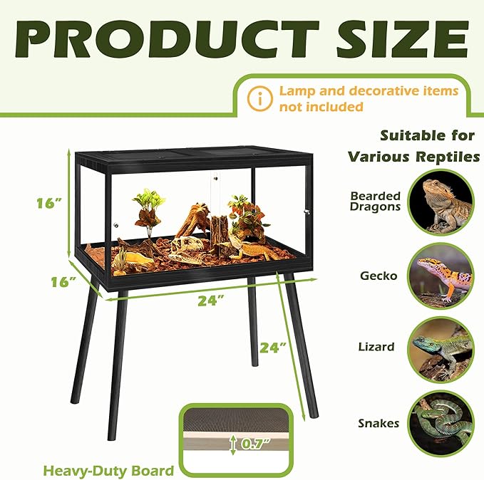 Prolee Bearded Dragon Tank with Leg Stand,Wooden Lizard Tank,Reptile Tank with Metal Mesh Roof Door, Acrylic Panel Snake Tank with Lock Design,Black,24"x16"x16"