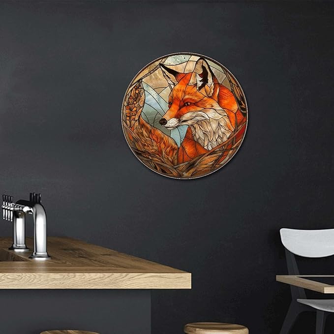 Lygond Metal Sign Tin Sign Circular Stained Glass Fox Gardening Decor Gift for Bar 8×8 Inches