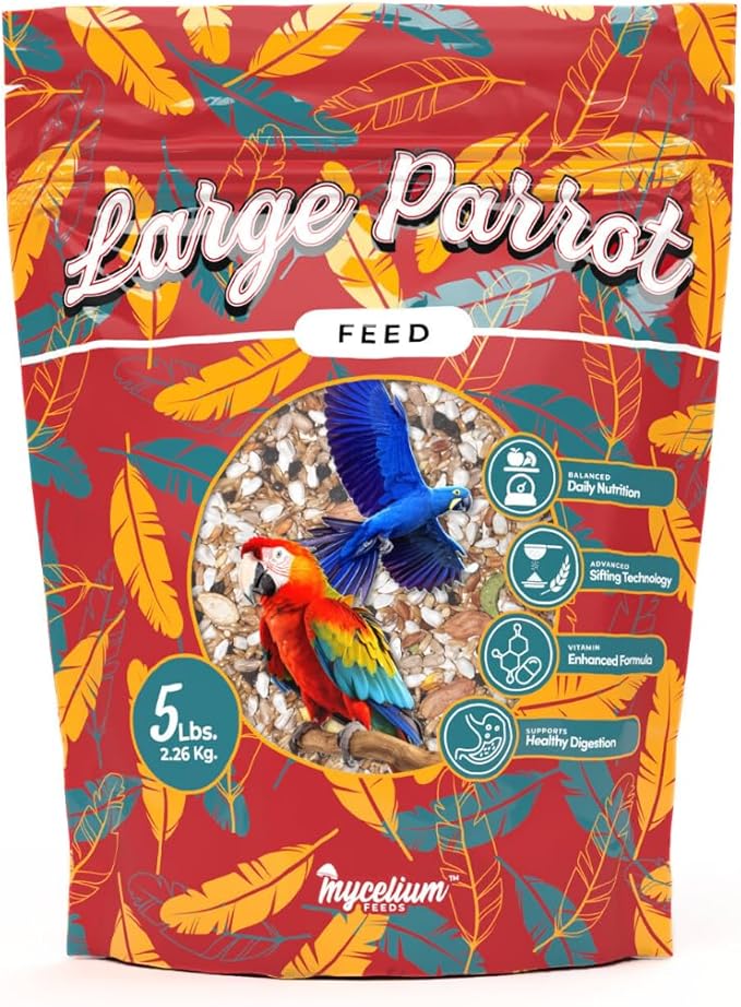 Mycelium Organic Large Parrot Feed (5 LB Bag) | Bird Food for Macaws, Cockatoos & Amazons | High-Protein Seed, Pellet & Kibble Blend | Supports Digestion & Energy | Made in USA, Non-GMO