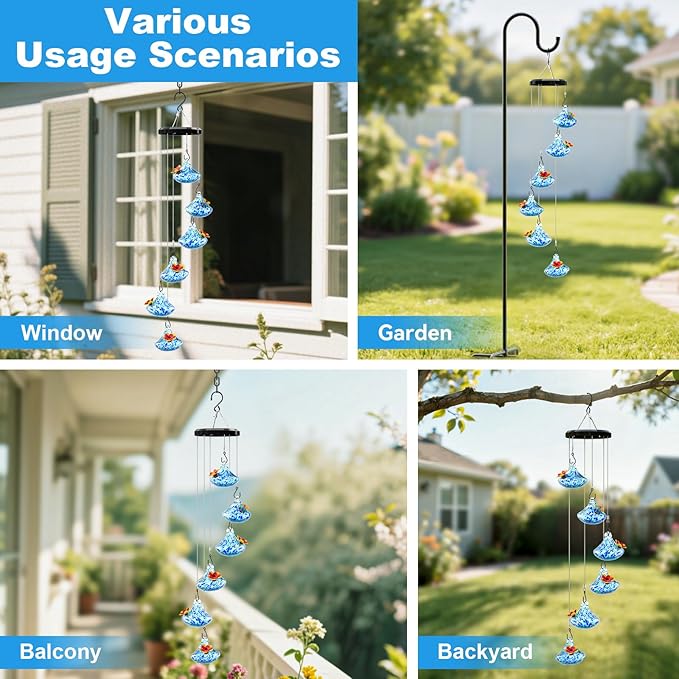 Wind Chime Glass Hummingbird Feeder - 20 Oz Outdoor Hanging Feeder with 6 Ports, Attract More Hummingbirds, Leak-Proof Design, Unique Garden Backyard Decor & Ideal Gift (Blue)