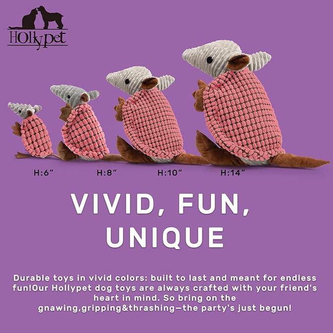 Hollypet Plush Dog Squeaky Toy Stuffed Armadillo Animal Pet Puppy Chew Toys with Clean Teeth for Small Medium Large All Breed Sizes Dogs, Bright Pink,8 in