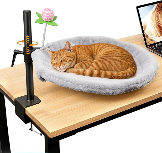 16-Inch Cat Desk Bed - 360° Rotating & Adjustable, Soft Faux Fur, Supports Up to 44lbs, Removable & Washable, Modern Indoor Cat Furniture for Office Desks, Gaming Tables & Island Tables (Round)
