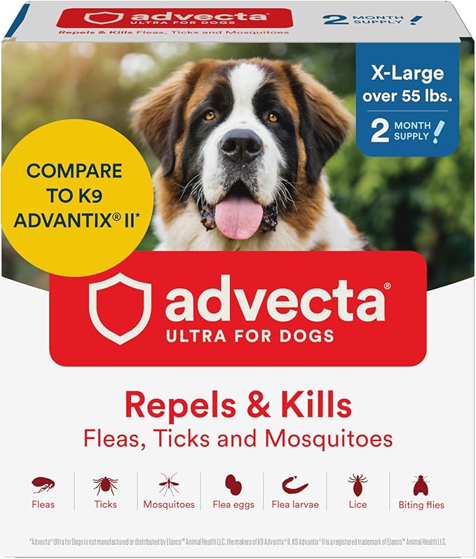 Ultra Flea and Tick Prevention for Dogs - Dog and Puppy Treatment and Control - Mosquito Repellent - XL, Fast Acting Waterproof Topical Drops, 2 Month Supply