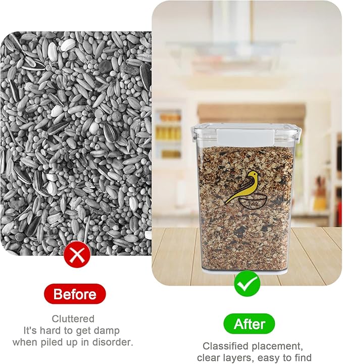 Bird Seed Storage Container-Airtight Bird Food Container-8.4lb/5 l Pet Food Storage Containers with Birds Seed Scoop-Wild Birds Dispenser-forPet Parakeets Finches Food Mealworms/Clear