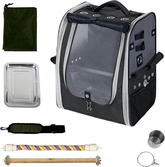 Birds Day Bird Carrier Backpack-Parrot Travel Cage with 2PCS Perch and Food Bowl, Stainless Steel Tray (Charcoal Gray)