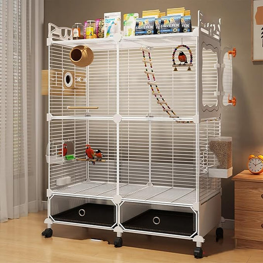 Large Parrot Cage with Acrylic Doors, 4 Casters, Perch & Feeder, Detachable Drawer, Ideal for Cockatiels, Budgies, Conures, Indoor/Outdoor Use – Spacious White Birdcage(White,72 * 36 * 106)