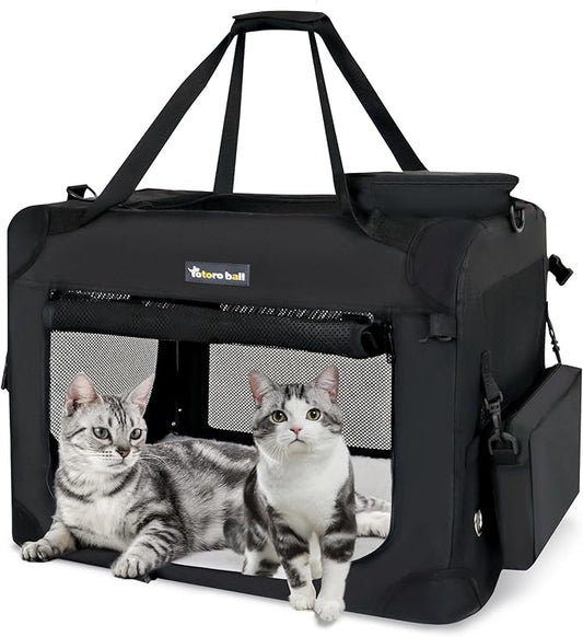 Extra Large Cat Carrier for 2 Cats Collapsible Soft Pet XL Crate for Large/Medium Cats 20lbs Car Travel Portable Bag with Water Bottle Slot For Long Trips (Black, 24.0"L x 16.5"W x 16.5"H)