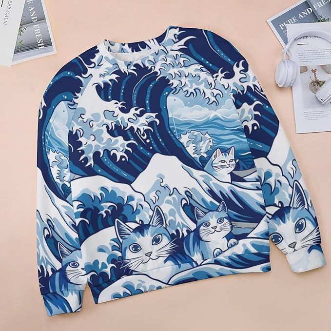 Womens Long Sleeve Tops Y2k Japanese Art Print Sweatshirts Fall Pullover for Women Crewneck Vintage Shirts Boho Tops