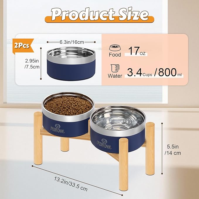 UPSKY Elevated Dog Bowls – 27oz Stainless Steel Anti-Spill Set with Wooden Stand, Double Raised Bowls for Small/Medium Dogs to Reduce Neck Strain & Improve Digestion