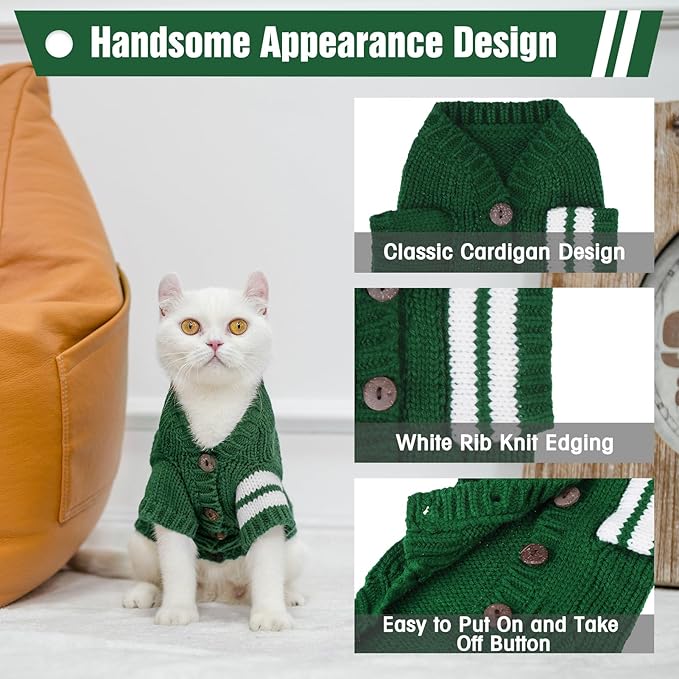 EXPAWLORER Cat Sweater Cardigan - Stylish Knitted Cat Clothes, British Style Soft Puppy Sweater with Sleeve Warm Pet Clothing Knitwear, Fall and Winter Kitten Coat for Girl Boy Cats, Green Medium