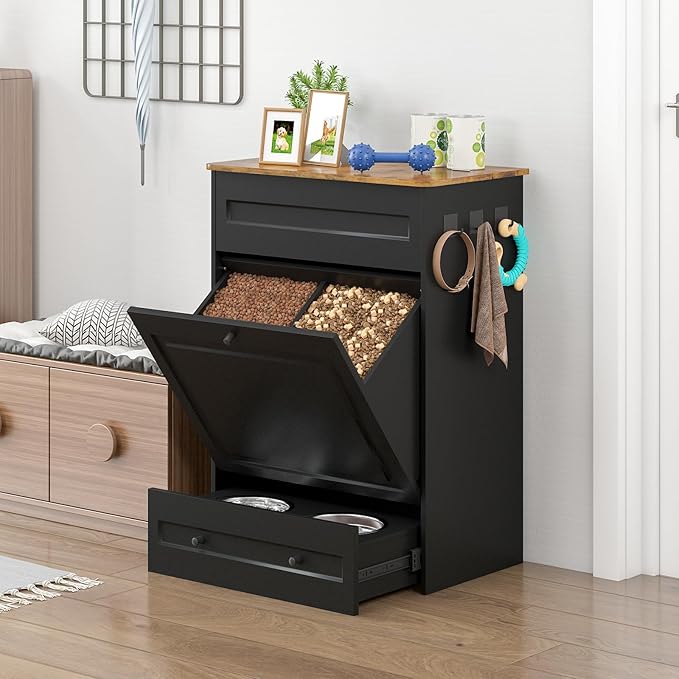 Dog Feeding Station with Storage Cabinet, Hidden Elevated Bowls for Medium & Large Dogs, Dog Food Cabinet Organizer with Hooks for Pet Supplies, Slow Feeder & Stainless Steel Bowls (Black)