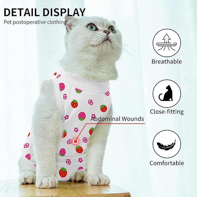 Cat Professional Surgical Recovery Suit,E-Collar Alternative for Cats Dogs,After Surgery Wear, Pajama Suit,Home Indoor Pets Clothing Strawberry S